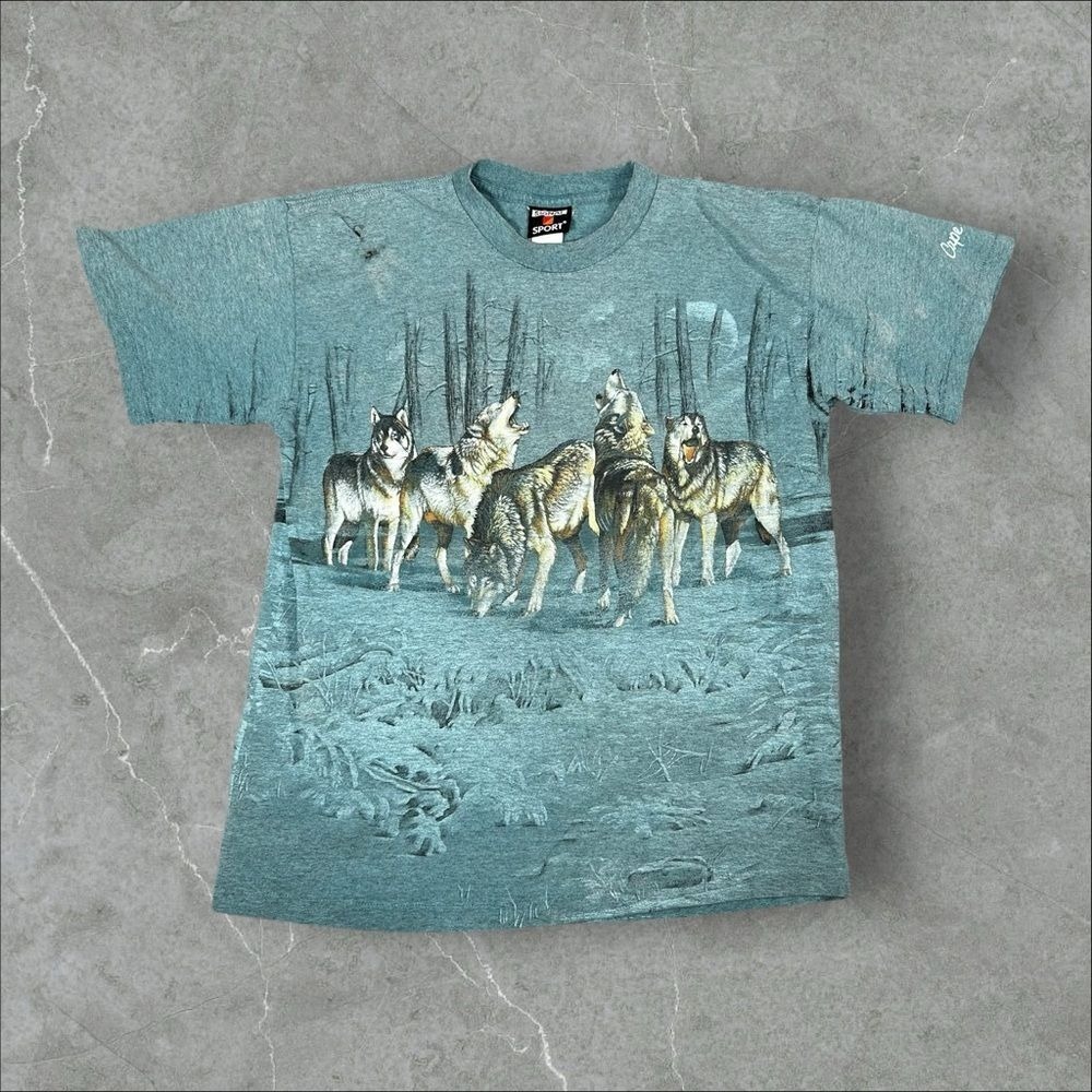 Vintage Wolf Shirt Men Large Blue 90s Wrap Around AOP Nature Pack Signal Habitat